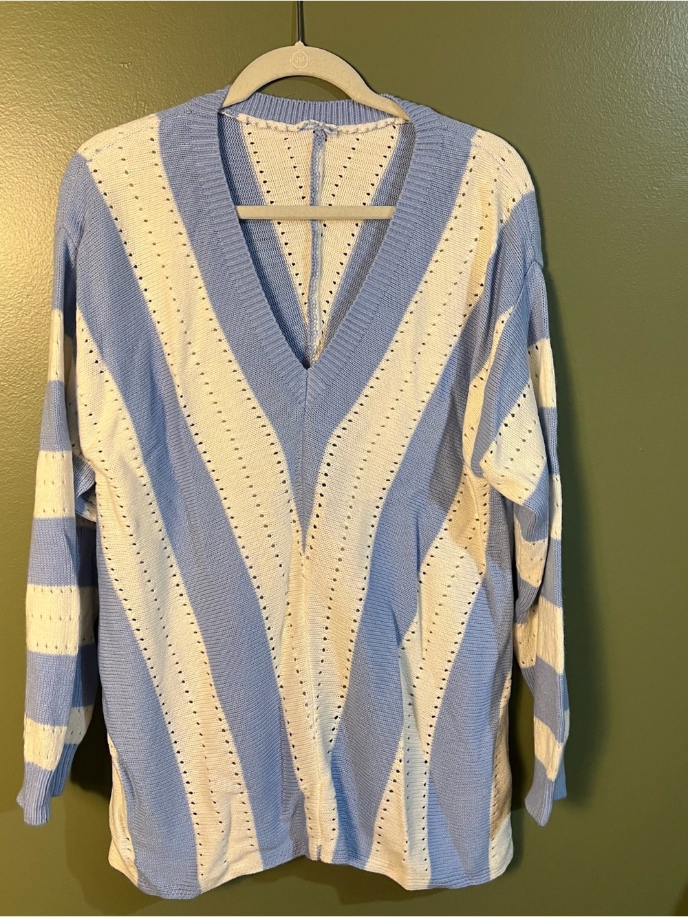 Amazon Blue and White Striped V-Neck Sweater